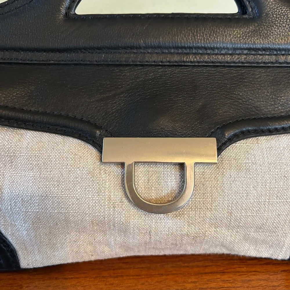Foley & Corinna Handbag Clutch Beige Canvas Black‎ Leather Shoulder Strap Purse